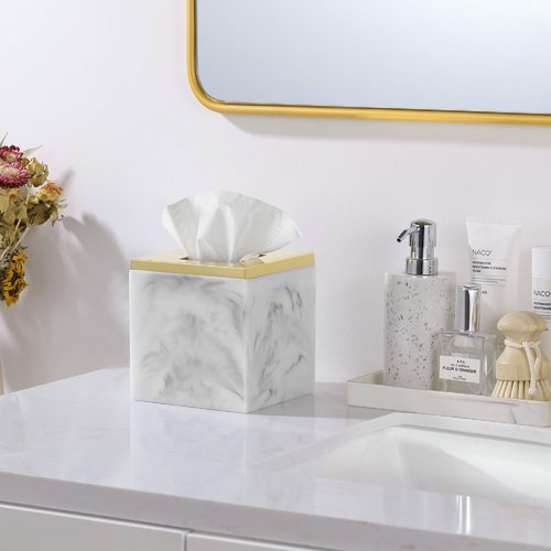 Luxspire Marble Tissue Box Cover, Square Tissue Box Holder with Golden Lid, Resin Modern Tissue Holder, Napkin Dispenser for Bathroom Vanity Countertop, Night Stands, Marble White + Gold