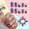 24 Pcs French Tip Press on Nails Short Square Nails Independence Day Fake Nails Supply 4th of July Acrylic Nails Star American Flag Patriotic Design Full Cover False Nails for Women and Girls