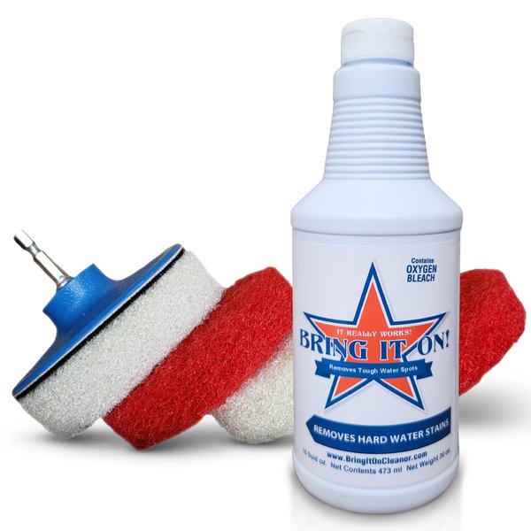 Bring It On Cleaner Hard Water Stain Remover, Shower Door Cleaner Plus Scrubbing Drill Pads