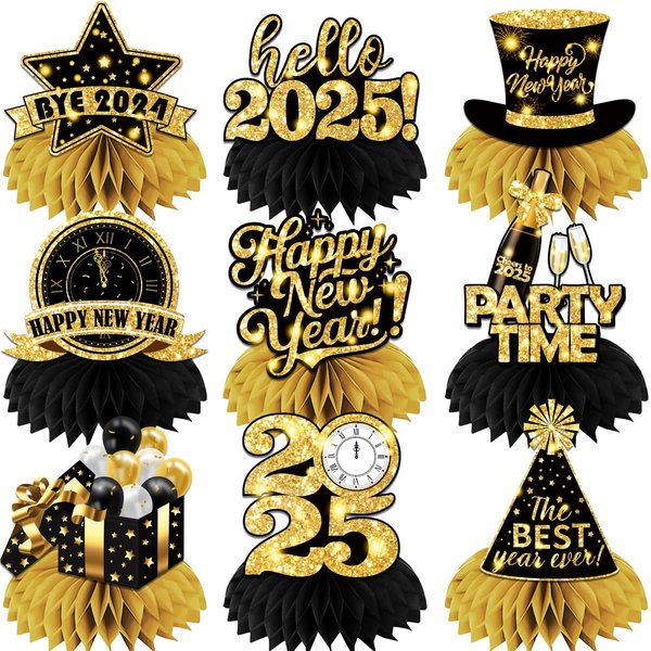 9Pcs New Years Decorations 2025 Honeycomb Centerpieces, Black and Gold New Years Centerpieces for Tables New Years Eve Table Decorations for 2025 New Years Eve Party Supplies