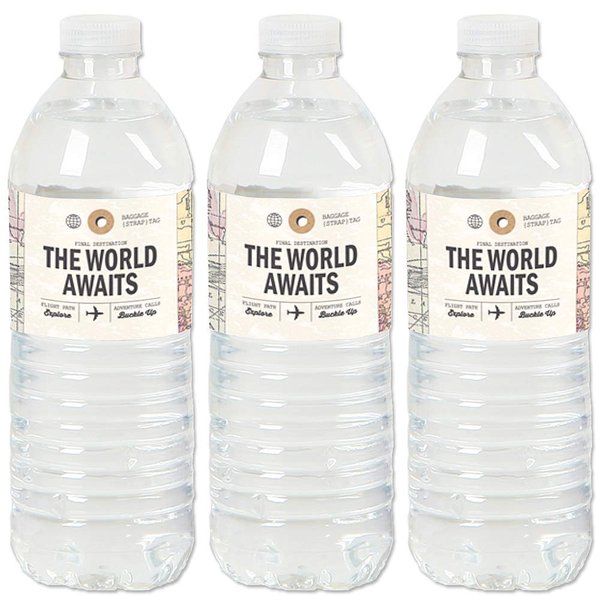 World Awaits - Travel Themed Party Water Bottle Sticker Labels - Set of 20