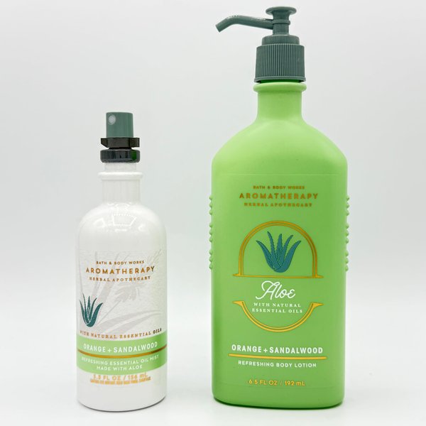 Aloe Orange Sandalwood Aroma 2-Piece Bath Bundle, Body Moisturizing Works | Essential Oil Mist and Refreshing Body Lotion