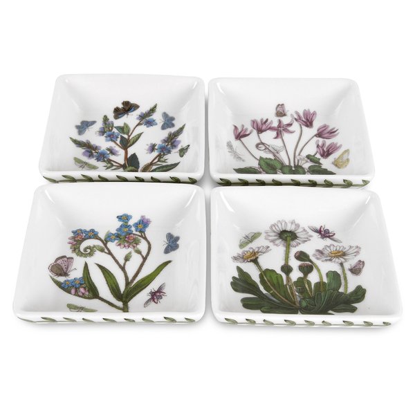 Portmeirion Botanic Garden Square Mini Plates | Set of 4 Mini Dishes | Assorted Floral Motifs | Made from Porcelain | 3 Inch | Dishwasher and Microwave Safe