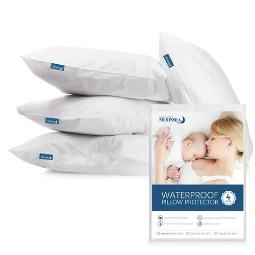 Waterproof Pillow Case Protector with Zipper 4 Pack Standard Size 20 x 26 inch White Pillow Protectors Feather Proof Pillow Covers Encasement Pillow Case