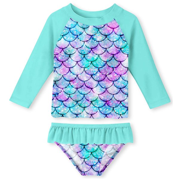 UNIFACO Toddler Girls Rashguard Set Long Sleeve 3D Fish Scale Casual Beach Swimsuit Tankini with UPF 50+ Sun Protection