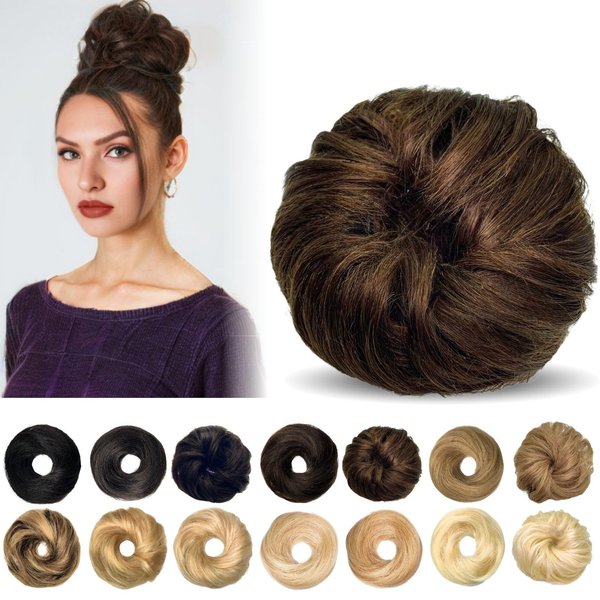 Human Hair Bun Hair Piece, 100% Human Hair Bun Messy Bun Hair Piece, Messy Bun Hair Scrunchie Real Hair Bun Updo Hairpieces Donut Chignon Ponytail Extensions for Women (Curly Chocolate Brown)