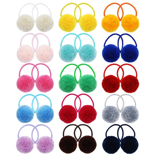 inSowni 30 Pieces/15 Pairs Cute Hair Ties with 3cm/1.2" Pompom Ball Rubber Bands Pigtail Ponytail Holders Hair Scrunchies for Baby Girls Infants Toddlers Kids Teens Thin Hair