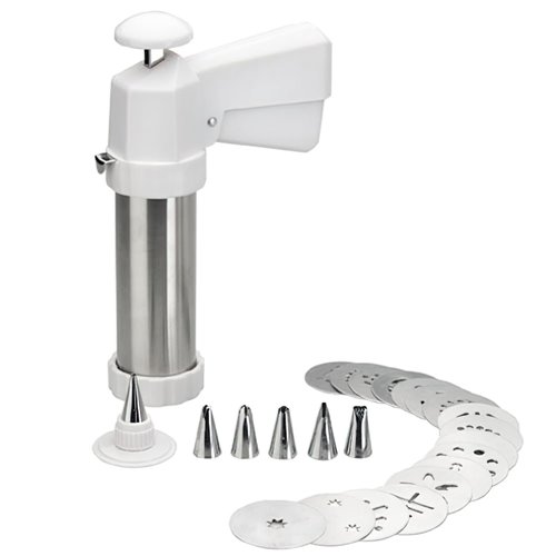 Ibili Cookie Press Gun, 18/10 INOX Stainless Steel Cookie Press for Baking, Dishwasher Safe, Includes 10 Variated Discs and 8 Interchangeable Nozzles - Made in Spain