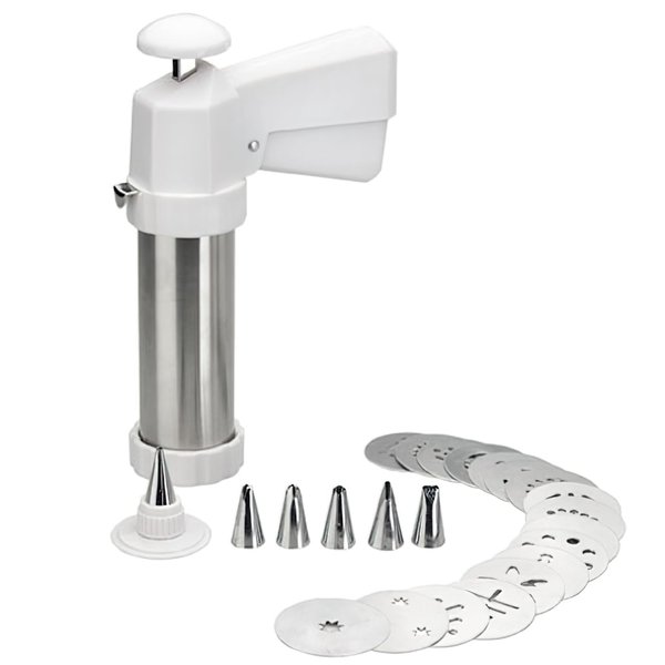 Ibili Cookie Press Gun, 18/10 INOX Stainless Steel Cookie Press for Baking, Dishwasher Safe, Includes 10 Variated Discs and 8 Interchangeable Nozzles - Made in Spain