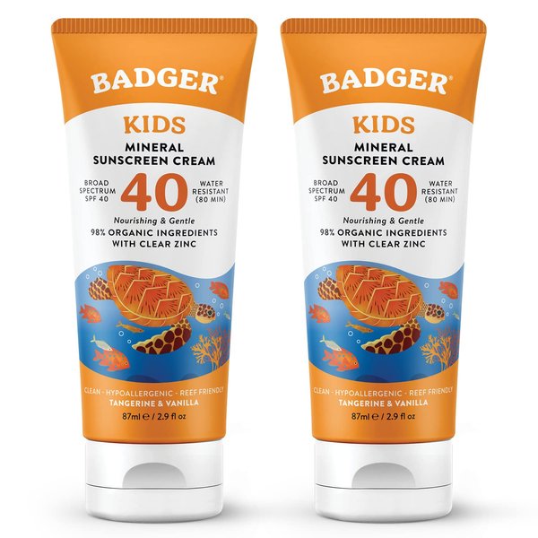 Badger Kids Sunscreen Cream SPF 40, Organic Mineral Sunscreen Kids Face & Body with Zinc Oxide, Reef Friendly, Broad Spectrum, Water Resistant, 2.9 fl oz (2 Pack)