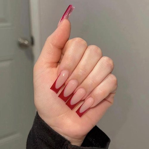MERVF Long Square Press on Nails Red French Tip Fake Nails Squoval Glue on Nails Press on Artificial Acrylic Nails 24pcs Glossy False Nails with Design