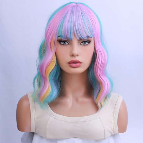 WTHCOS Multi Color Wig Short Curly Bob Wavy Wig with Bangs for Women Girls Rainbow Wig Short Colorful Hair Wigs Heat Resistant Synthetic Wig for Cosplay Costume Party with Wig Cap