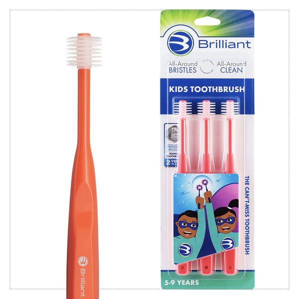 Brilliant Kids Toothbrush, For Ages 5-9 Years Old, For Girl or Boy, Use When Adult Teeth Arrive, Microfiber Bristles Clean Whole Mouth, Kids Toothbrushes Improve Tooth and Gum Health. Red, 3 Pack