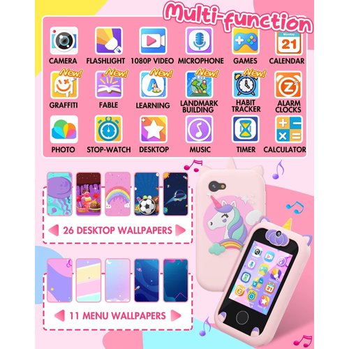 Kids Smart Phone for Girls Unicorns Gifts for Girls Toys 8-10 Years Old Phone Touchscreen Learning Toy Christmas Birthday Gifts for 3 4 5 6 7 8 9 Year Old Girls with 8G SD Card