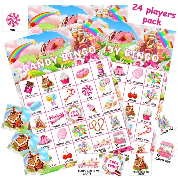 Shappy 35 Pieces Christmas Candy Bingo Games 24 Players Candyland Party Favors Xmas Candy Land Ice Cream Donut Lollipop Bingo Cards for Sweet Birthday Holiday Party Games Gifts Supplies