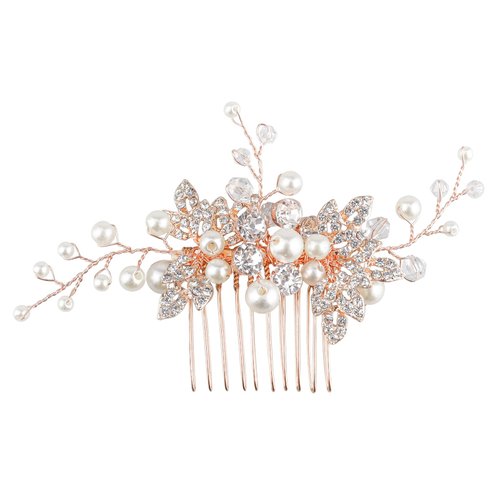 Sppry Bridal Hair Comb - Bendable Pearl Crystal Hair Accessory for Women at Wedding, Rose Gold