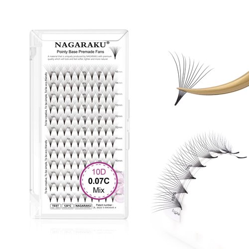 NAGARAKU Premade Fans Eyelash Extensions Premade Volume Fans Lash Extensions 120 Fans 10D 0.07C Curl 8-15mm Mix Sharp Narrow Stem Clusters Thin Pointy Base Russian Fans Ready Volume Premade Lash Fan