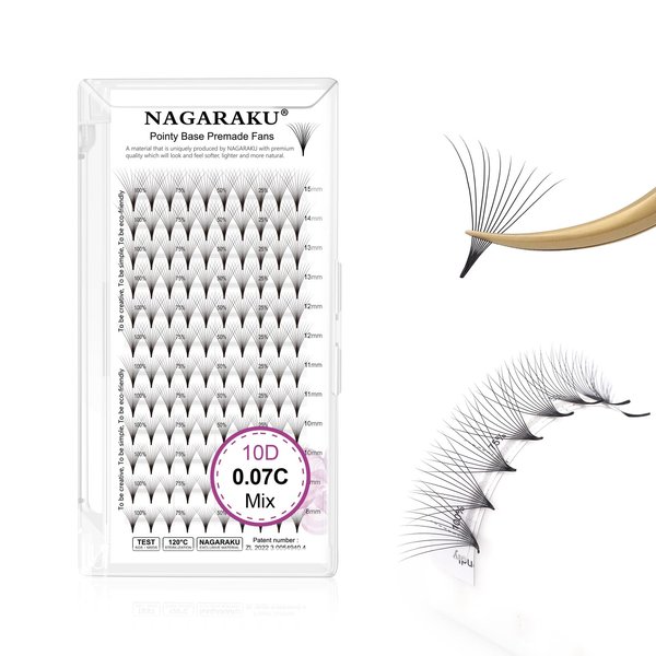 NAGARAKU Premade Fans Eyelash Extensions Premade Volume Fans Lash Extensions 120 Fans 10D 0.07C Curl 8-15mm Mix Sharp Narrow Stem Clusters Thin Pointy Base Russian Fans Ready Volume Premade Lash Fan