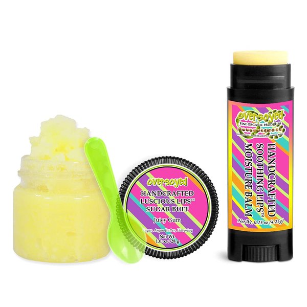 Juicy Gum Soothing & Luscious Lips by OverSoyed Exfoliator & Chapped Lip Repair Lip Care Combo | Artisan Handcrafted to Order Fruity Orange Lemon Pineapple Banana Cinnamon Mint Flavored Exfoliating Sugar Lip Scrub & Lip Moisturizer Balm Gift Set