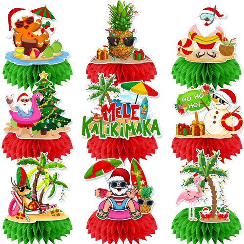 Hawaiian Christmas Decorations Honeycomb Centerpiece,9pcs Tropical Christmas Decorations Centerpieces Red and Green Mele Kalikimaka Party Decorations Hawaiian Centerpieces for Tables