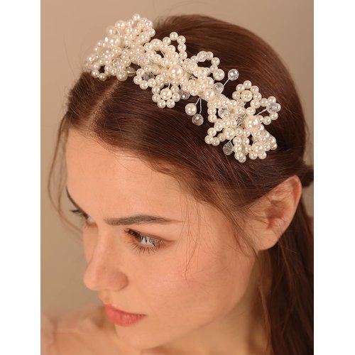 Xerling Floral Pearl Headband Tiara for Girls Bridal Hair Accessory for Wedding Crystal Crown for Party Headdress Hair Band Jewelry (Silver)