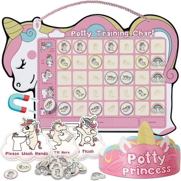Potty Training Chart for Toddler Girls with 35 Reusable Magnetic Stickers - Unicorn Design Sticker Chart for Kids Potty Training Reward, 3 Instruction Steps & Crown (Unicorn Theme)