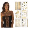 Terra Tattoos Gold Metallic Tattoo Flash Sheets Designs of Feathers, Arrows, Dream Catcher Face Tattoos for Women Waterproof Nontoxic Long Lasting 75+ Designs for Vacation, Festivals Parties - Gold