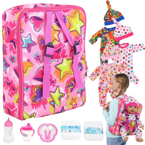 K.T. Fancy 18 Inch Baby Dolls Backpack Playset, Doll Carrier with Doll Clothes and Accessories for First Baby Dolls for 3 Years Old and Up