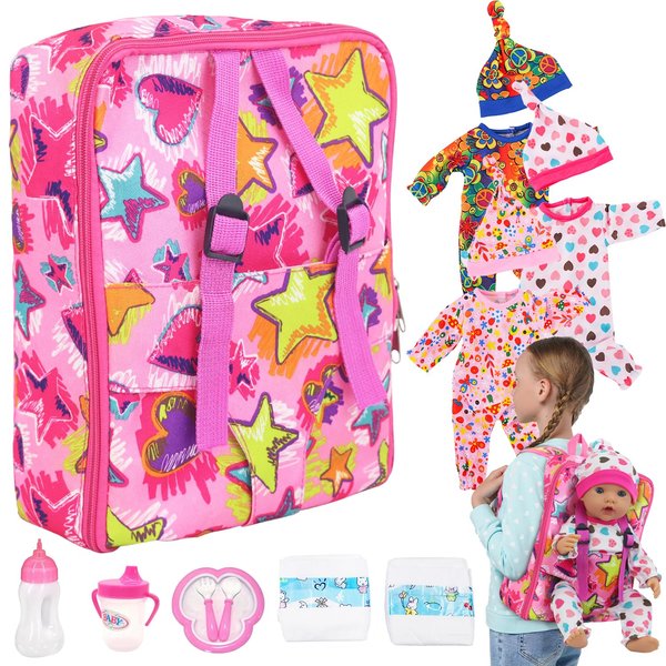 K.T. Fancy 18 Inch Baby Dolls Backpack Playset, Doll Carrier with Doll Clothes and Accessories for First Baby Dolls for 3 Years Old and Up