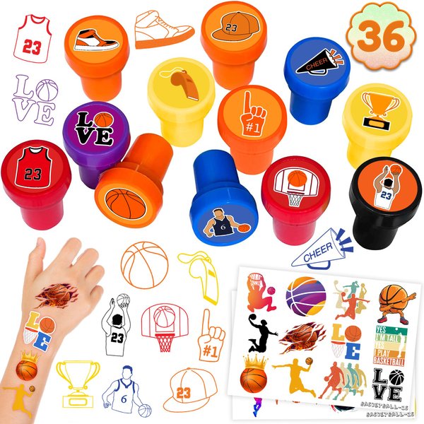 36PCS Basketball Party Favors 24 Tattoos Sticker 12 Stamp Set - Ideal Player, Team, Team, Shoot Themed Birthday Decor Supplies Goodie Bag, Classroom Gifts, Cute Rewards for Girls, Baby Shower Prizes