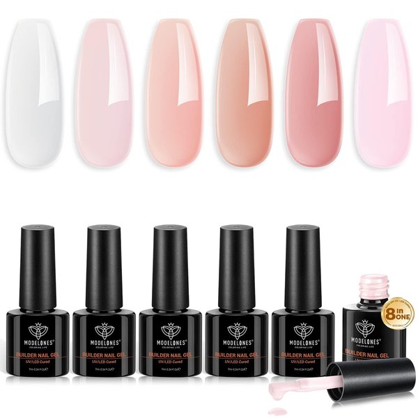 modelones Builder Nail Gel Set, 6 Colors Gel Builder 8-in-One, Jelly Nude Pink Hard Gel Builder Nail Strengthener Extension Gel LED Nail Lamp Cured Color Base Nail Glue Gel in a Bottle, Gift for Women