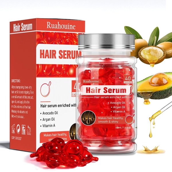 Ruahouine Hair Styling Serum Oil for Frizzy & Dry Hair, Hair Treatment Serum - no Rinse with Argan Macadamia & Avocado Oils - Vitamins A, E, Pro B5 - Conditioner for Women & Men 40 Capsules