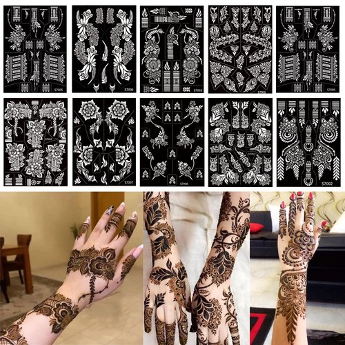 PPVWEY 10 Sheets Henna Tattoo Stencils 10 Pair Arm Hand Henna Tattoo Template Temporary Indian Arabian Glitter Airbrush Tattoo Stickers for Face Body Paint DIY (Black)