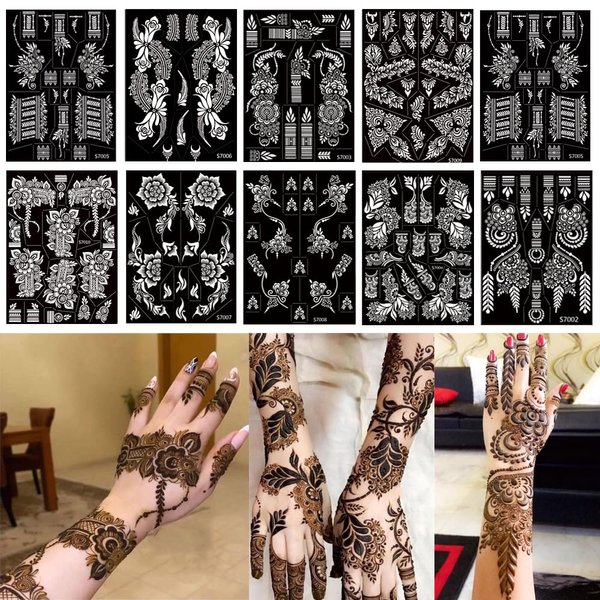 PPVWEY 10 Sheets Henna Tattoo Stencils 10 Pair Arm Hand Henna Tattoo Template Temporary Indian Arabian Glitter Airbrush Tattoo Stickers for Face Body Paint DIY (Black)