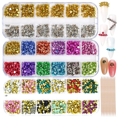 3 Boxes 2160 Pcs Metal Rivet Cone Spikes Rhinestones Nail Charms 10 Pcs 4.5 Inch Orange Sticks for Nails Accessories Nail Art Alloy Nail Studs Crystal Rhinestone Nail Studs for DIY Nail Art Decor