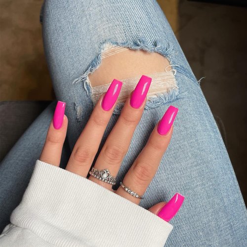 Hot Pink Press On Nails Medium Long Square,Xcreando Medium Glue on Nails Coffin Perfect Fake Nails with Pure Color Natural Spring Nails Salon Press-on Feature Glossy Shade for Women