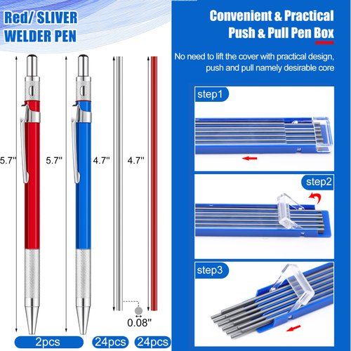 2 Pcs Welders Pencil with 48 PCS Round Refills Mechanical Pencils Metal Welding Marker for Tube Pipe Fitter Welder Steel Construction Woodworking (Red, Silver)