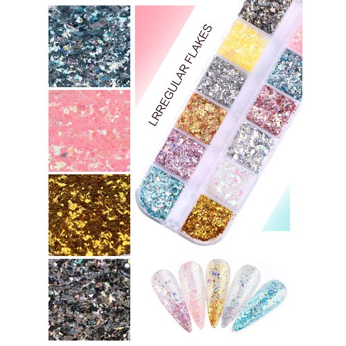 24 Grid Holographic Nail Art Foil Flakes, EBANKU Nail Foil Flakes Glitter Nail Sequins Confetti Gold Silver Irregular Glitter Mirror Effect Acrylic Nail Powders Nail Foil Paillette for Nail Decoration