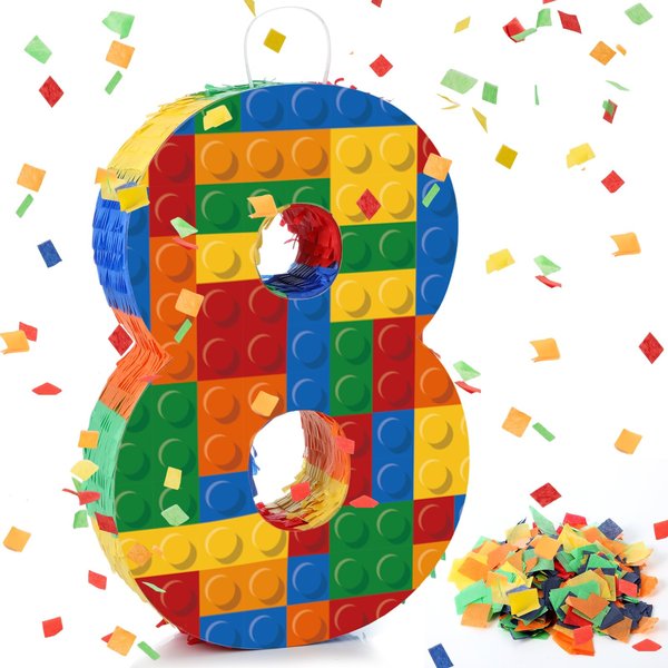 RoundFunny Number 8 Building Blocks Piñata 16.5 Inch Piñata Party Supplies 8th Birthday Party Decorations Piñata with Confetti Blocks Theme Fiesta Anniversary Celebration