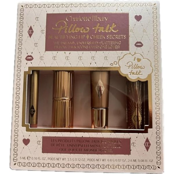 CHARLOTTE TILBURY Pillow Talk Beautifying Lip & Cheek Secrets Set - Matte Revolution Lipstick, Lip Cheat Lip Liner, Collagen Lip Bath Gloss and Beauty Highlighter Wand.