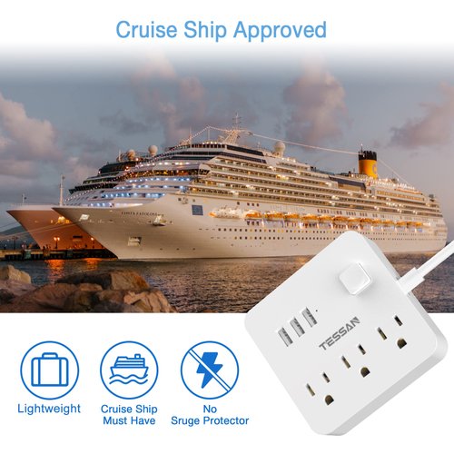 Power Strip 3 USB 3 Outlet, Desktop Charging Station 5 ft Flat Plug Extension Cord for Cruise Ship Accessories Dorm Room Plug Extender, White