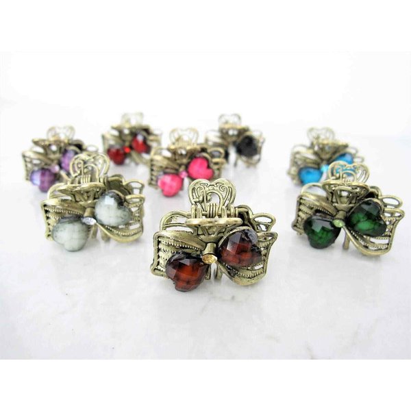 small mini metal heart shaped jeweled antique style bronze hair claw clip: Set B (Primary color: Brown)