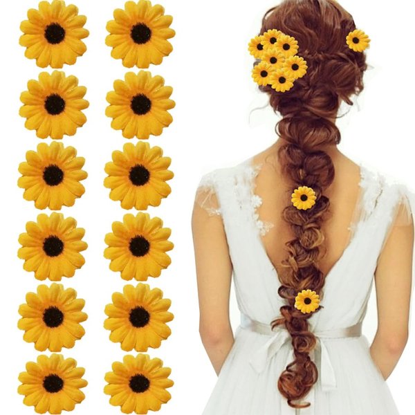 [12 Packed] Women Sweet Mini Sunflower Side Hair Clip Beach Wedding Flower Bridesmaid Hair Accessory