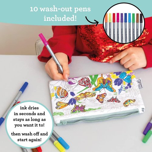 eatsleepdoodle DIY Coloring Butterfly Pencil Case for Kids with 10pcs Washable Markers, Reusable Art Supply Organizer, Fun Arts & Crafts Activity for Boys & Girls, Creative Gift Idea for Ages