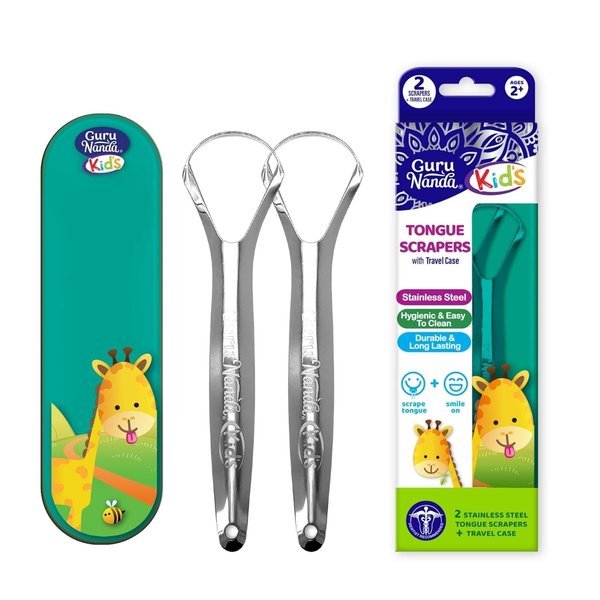 GuruNanda Kids Tongue Scraper (2-Pack) with Travel Case, Stainless Steel, Aids in Fresh Breath - Travel-Friendly Tongue Cleaner (Green/Pink/Orange)