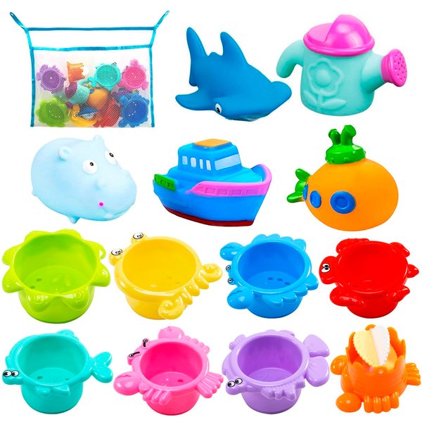 INNOCHEER Baby Bath Toys for Water Table, Toddler Water Toys with Mold Free Bath Toys Stacking Cups, Quick Dry Organizer Net, 13 Pcs Water Table Toys for Toddlers Bathtub Game, Beach and Pool Party