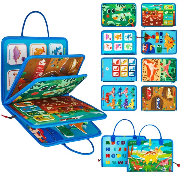 Kickduck Busy Board Montessori Toys for 3 4 Year Old Boys & Girls Birthday Gifts, Educational Activity Sensory Board Preschool Learning Toys for Toddlers, Travel Toys for Airplane Car (Dinosaur)