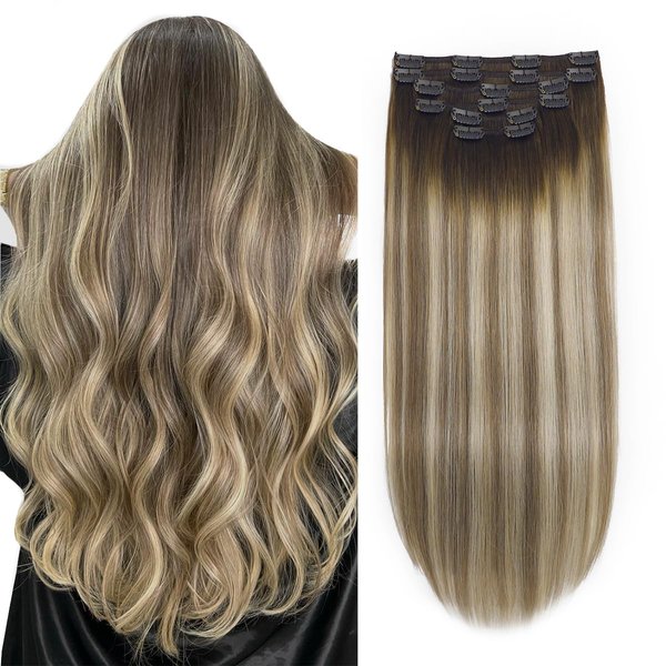XDhair Hair Extensions Human Hair Clip in Hair Extensions 22 Inch 6pcs 120g Balayage Color 3 Darker Brown to 8 Ash Brown and 22 Golden Blonde Double Drown Clip in Hair Extensions(22”, 3/8/22)