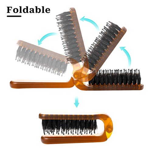 Foldable Hair Brush, Mini Boar Bristle Travel Hair Brush Portable Folding Hair Brush Compact Small Hairbrush for Purse for Women Pocket Comb for Any Hairstyles, Restore Hair Shine,Beard Brush for Men