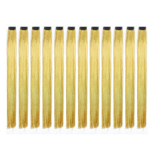SWACC 12 Pcs Straight SWACC 12 Pcs Straight One Color Party Highlights Clip on in Hair Extensions Colored Hair Streak Synthetic Hairpieces (Sparkling Tinsel Gold)